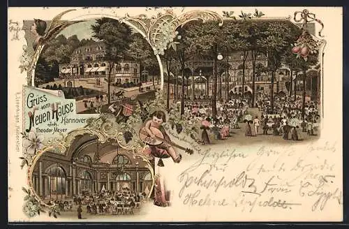 Lithographie Hannover, Gaststätte zum Neuen Hause T. Meyer mit Garten und Saal, Engel mit Laute