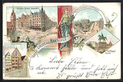 Lithographie Hannover, Seiden Band Geschäft Ludwig Müller & Co. mit Umgebung, Georgstrasse u. Hoftheater