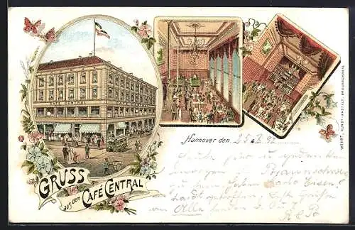 Lithographie Hannover, Cafe Central, Aussen- und Innenansichten