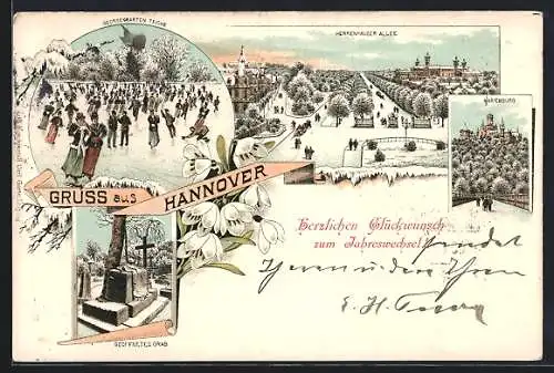 Winter-Lithographie Hannover, Herrenhauser Allee, Schlittschuhläufer auf den Georgengarten Teichen