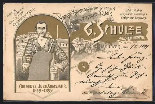 Künstler-AK Hannover, Branntwein-Brennerei G. Schulze, Inhaber mit Schnaps vor der Brennerei, Jubiläum 1899