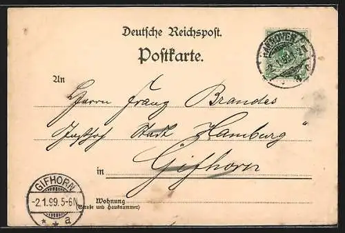 Künstler-AK Hannover, Branntwein-Brennerei G. Schulze, Inhaber mit Schnaps vor der Brennerei, Jubiläum 1899