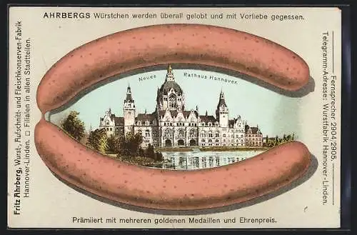 Lithographie Hannover-Linden, Neues Rathaus im Wurst-Passepartout, Reklame Ahrbergs Würstchen