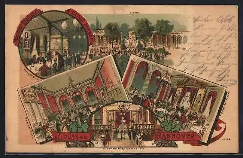 Lithographie Hannover, Gasthaus Münchner Bierhalle v. E. Meyer, Speisesaal, Wein- u. Austernstube, Gartenlokal