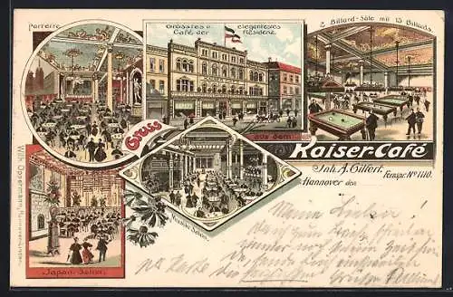 Lithographie Hannover, Kaiser-Cafe A. Gilfert, mit Billard, Japanischem Salon u. Musik-Salon