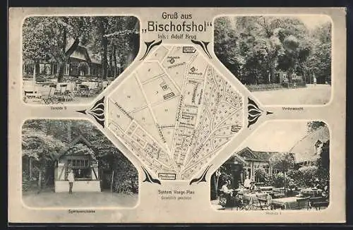 AK Hannover, Gasthaus Bischofshol, Veranda, Spartanerschänke, Stadtplan mit Stephanstift, Pferdeturm und Spinozastrasse