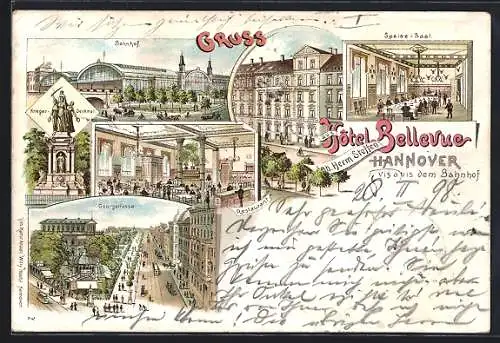 Lithographie Hannover, Hotel Bellevue, Innenansichten Restaurant und Speise-Saal