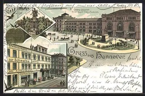 Lithographie Hannover, Gasthaus zur Schwalbe, Central-Bahnhof, Kriegerdenkmal