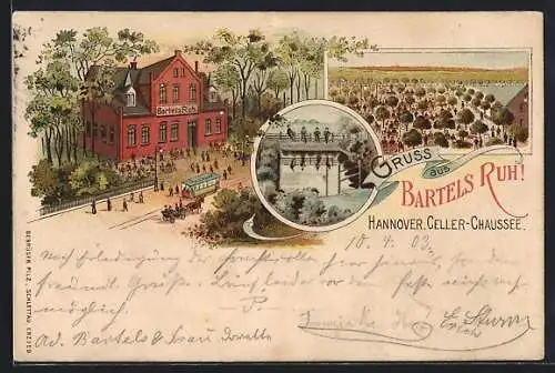 Lithographie Hannover, Gasthaus Bartels Ruh mit Strassenbahn, Garten, Teich