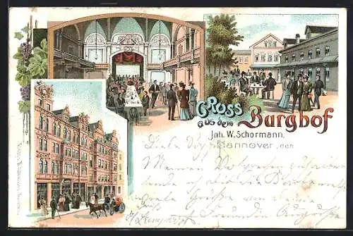 Lithographie Hannover, Gasthaus Burghof, Innenansicht, Hof