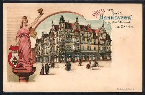 Passepartout-Lithographie Hannover, Cafe Hannovera v. C. Otto, Radfahrer, Wappen