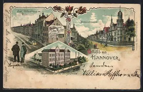 Lithographie Hannover, Strasseneck Cellerstrasse & Wedekindstrasse mit Hauswandwerbung für Südeke`s Kafee & Strassenbahn