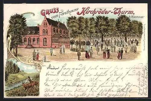 Lithographie Hannover, Forsthaus Kirchröder-Turm mit Gästen