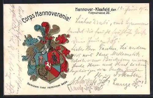 Künstler-AK Hannover-Kleefeld, Corps Hannoverania!, Fichtestrasse 32, Ritterhelm und Studentenwappen