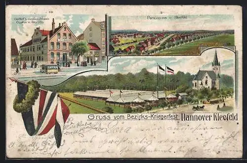 Lithographie Hannover, Kleefeld, Bezirks-Kriegerfest, Gasthof zum weissen Schwan, Panorama