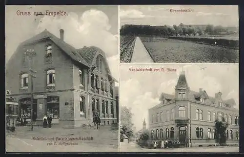 AK Empelde, Kolonial- und Materialwaren-Geschäft vom F. Hengstmann, Gasthaus von R. Blume, Gesamtansicht