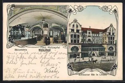 AK Linden / Hannover, Gasthof Schwarzer Bär v. Paul Holzapfel, Innenansicht der Bärenhöhle, Jugendstil-Passepartout