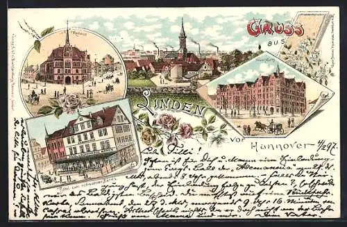 Lithographie Linden / Hannover, Hotel zum schwarzen Bären, Neuer Markt und Rathaus