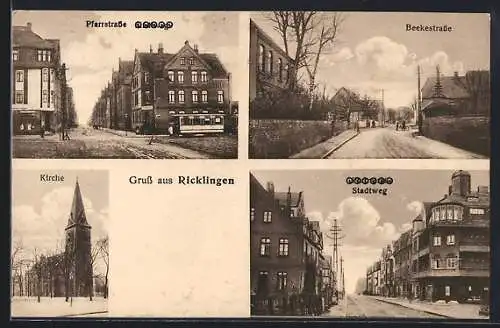 AK Ricklingen, Pfarrstrasse mit Strassenbahn, Beekestrasse, Kirche, Stadtweg