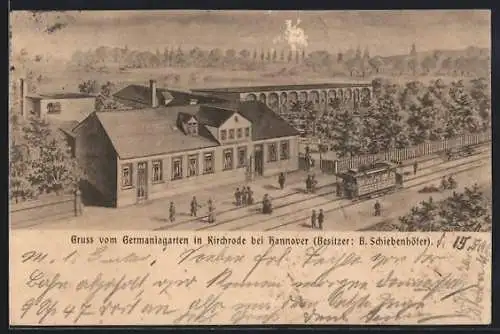 Lithographie Kirchrode bei Hannover, Der Gasthof Germaniagarten v. B. Schiebenhöfer, Strassenbahn davor