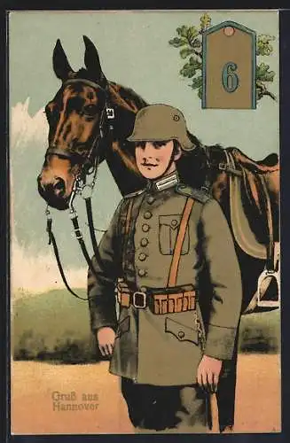 AK Hannover, Soldat in Uniform des 6. Regiments mit seinem Pferd