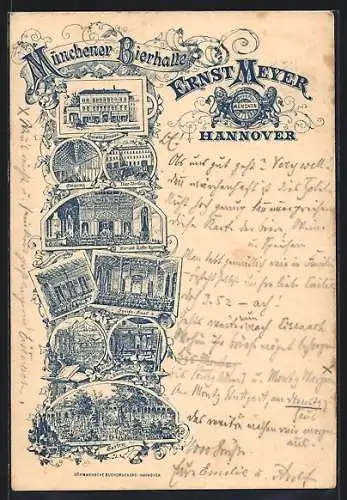 Lithographie Hannover, Gasthaus Münchener Bierhalle v. Ernst Mayer, Luisenstrasse, Innenansichten und Gartenpartie