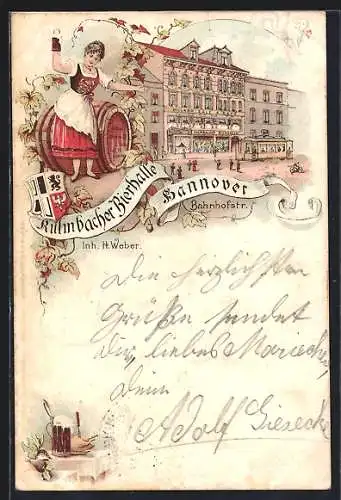 Lithographie Hannover, Gasthaus Kulmbacher Bierhalle v. H. Weber, Bahnhofstrasse