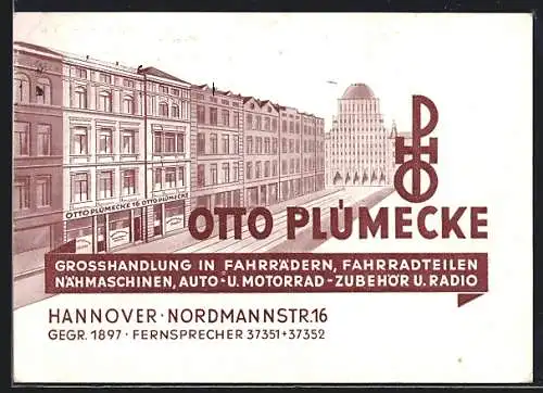 AK Hannover, Fahrrad-Grosshandlung Otto Plümecke, Nordmannstrasse 16, Reklame