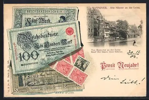 AK Hannover, Alte Häuser an der Leine, Passepartout mit Reichsbanknoten