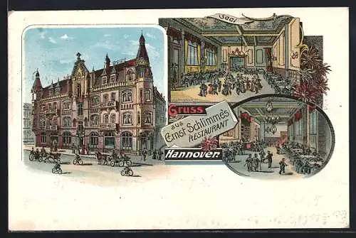 Lithographie Hannover, Ernst Schlimme`s Restaurant mit Innenansicht