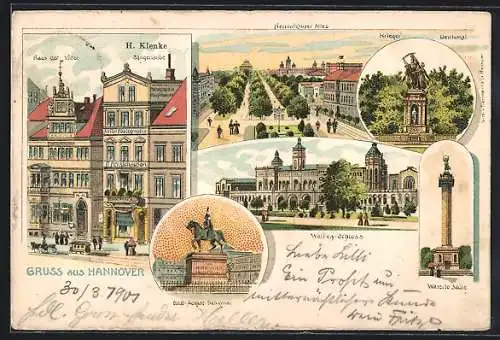 Lithographie Hannover, Restaurant Sängerlaube, Bes. H. Klenke, Haus der Väter, Herrenhäuser Allee, Welfen-Schloss