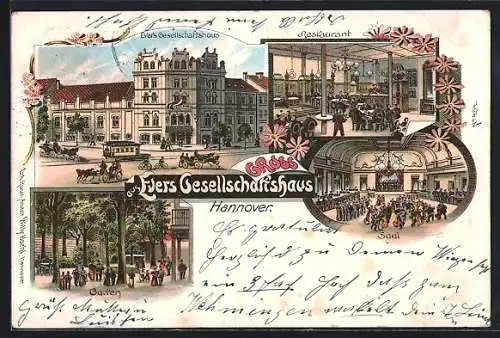 Lithographie Hannover, Ever`s Gesellschaftshaus mit Restaurant und Garten