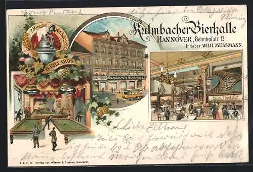 Lithographie Hannover, Kulmbacher Bierhalle, Inh.: Wilh. Mussmann, Bahnhofstrasse 13