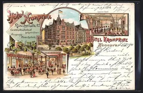 Lithographie Hannover, Hotel Kronprinz, Raschplatz 12, Restaurant und Speisesaal