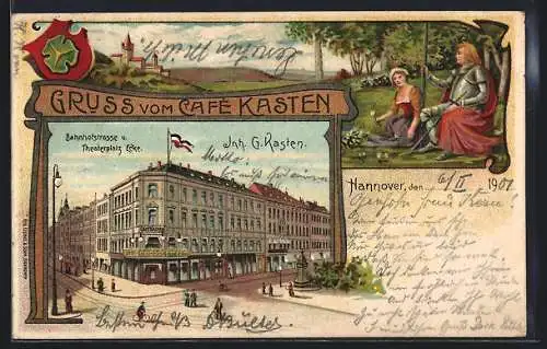 Lithographie Hannover, Café Kasten, Bahnhofstrasse und Theaterplatz Ecke