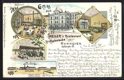 Lithographie Hannover, Theiler`s Restaurant zur Hopfenlaube, Cellerstrasse 18