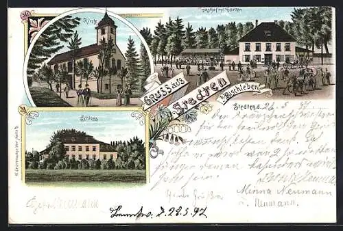 Lithographie Stedten bei Bischleben, Gasthof mit Garten, Schloss, Kirche