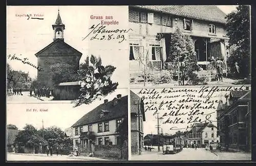 AK Empelde, Kapelle H. Fricke, Hof Fr. Kösel, Haus Fr. Schmedes, Partie mit Strassenbahn