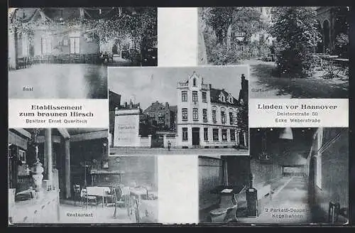 AK Linden / Hannover, Gasthaus zum braunen Hirsch v. Ernst Quaritsch, Deisterstrasse 50, mit Innenansichten