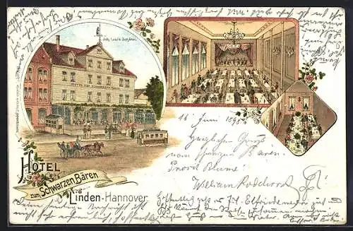 Lithographie Linden /Hannover, Hotel zum schwarzen Bären v. Louis Schäfer, mit Festsaal und Speisesaal