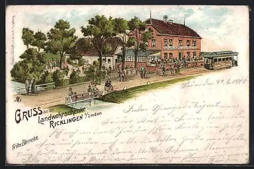 Lithographie Ricklingen b. Linden, Gasthaus zur Landwehrschenke v. Fritz Beneke, mit Strassenbahn