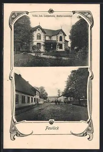 AK Faulück, Villa des Amtsvorstehenden Joh. Lorentzen, Ortspartie, Jugendstil-Passepartout