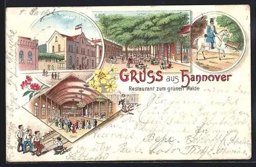 Lithographie Hannover, Restaurant zum grünen Walde mit Innenansicht