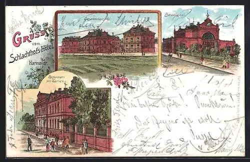 Lithographie Hannover, Schlachthofs-Hotel, Restaurant mit Garten, Börsensaal