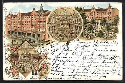 Lithographie Hannover, Gasthof Nordstädter Gesellschaftshaus mit Innenansichten