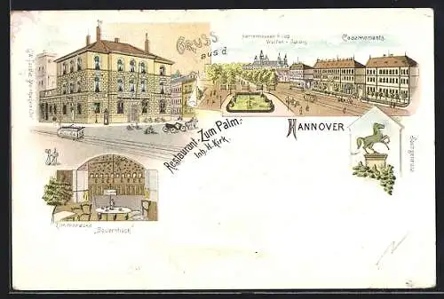 Lithographie Hannover, Restaurant mit Zimmerecke Bauerntisch, Herrenhäuser Allee, Casernements