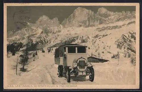 AK NAG LKW mit Kennzeichen IA-23062 im winterlichen Hochgebirge, Reklame