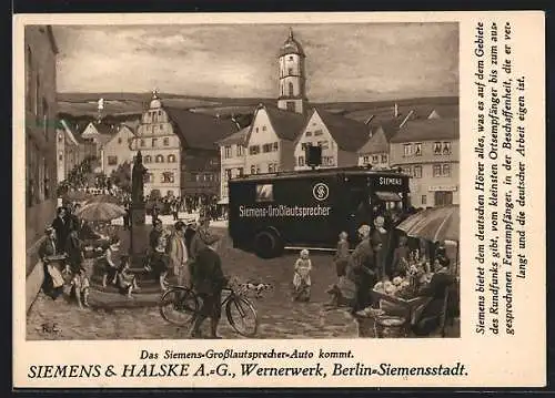 AK Berlin-Siemensstadt, Siemens-Grosslautsprecher-Auto, Siemens & Halske AG, Wernerwerk, Reklame