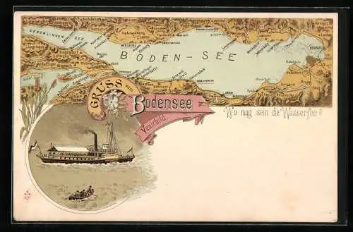 Lithographie Bodensee, Umriss des Sees als Frauenfigur, Landkarte und Dampfer