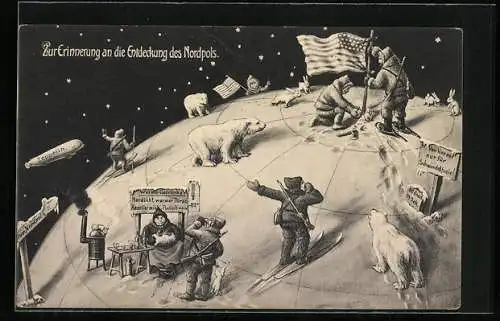 AK Entdeckung des Nordpols, Eisbären, US-Fahne, Zeppelin, Expedition